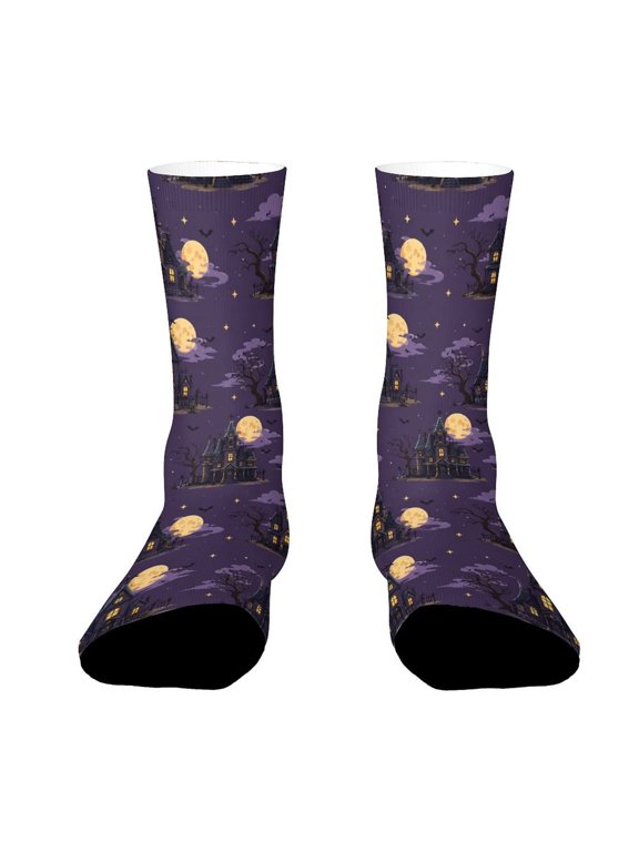 Vintage Haunted House Moon Silhouette Funny Novelty Crew Socks for Women Men Sports