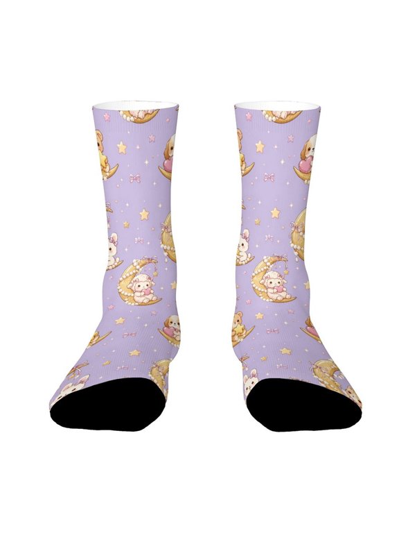 Vintage Pearl Crescent Moon Bow Funny Novelty Crew Socks for Women Men Sports