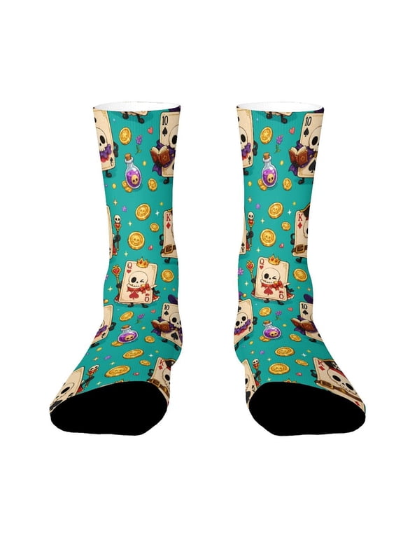 Vintage Poker Cards Skull Magic Coins Funny Novelty Crew Socks for Women Men Sports