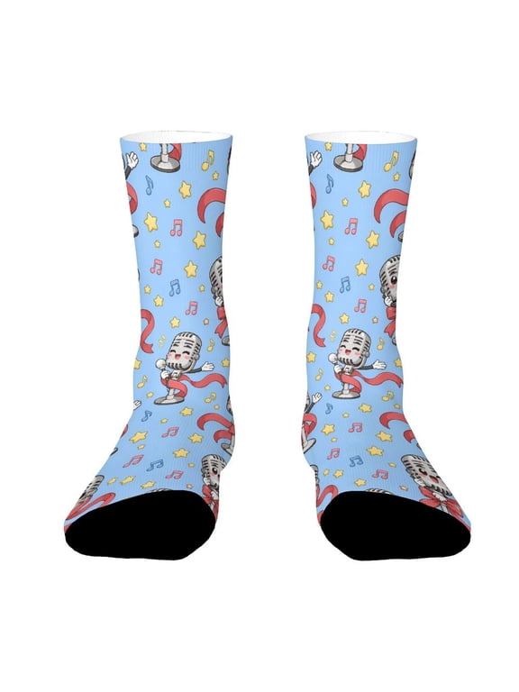 Vintage Silver Microphone Ribbon Stars Funny Novelty Crew Socks for Women Men Sports
