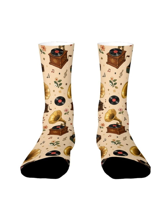 Vintage Vinyl Record Gramophone Still Life Funny Novelty Crew Socks for Women Men Sports