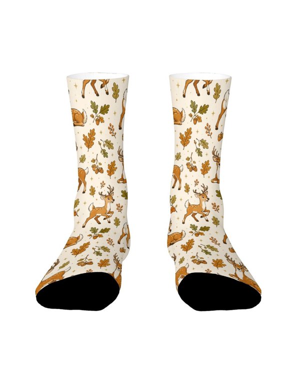 White Tailed Deer Antler Oak Leaf Vintage Symmetrical Pattern Funny Novelty Crew Socks for Women Men Sports
