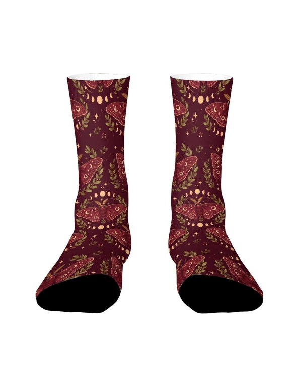 Wine Red Moth Lunar Leaves Funny Novelty Crew Socks for Women Men Sports