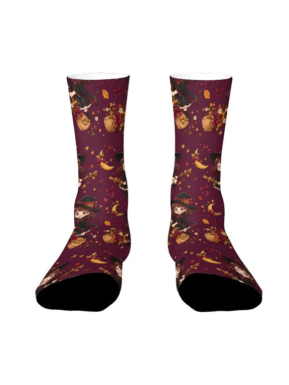 Witch Broom Autumn Flowers Moon Funny Novelty Crew Socks for Women Men Sports