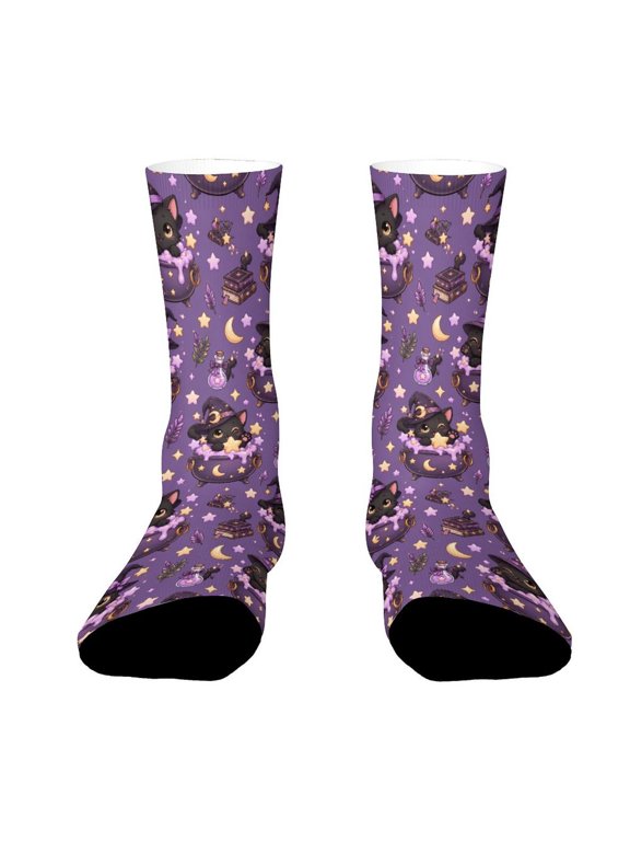 Witch Hat Black Cat Cauldron Funny Novelty Crew Socks for Women Men Sports