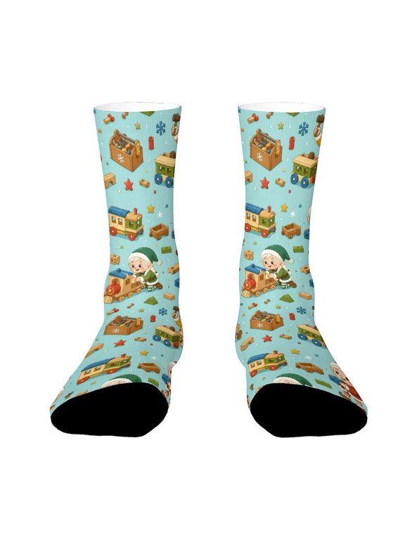 Wooden Toy Train Blocks Scattered Funny Novelty Crew Socks for Women Men Sports