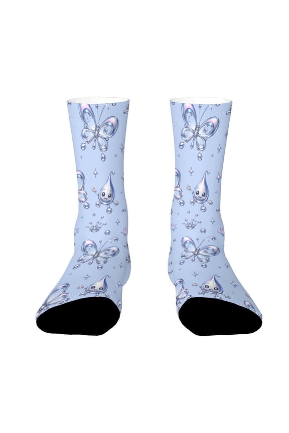 Y2k Chrome Liquid Drops Butterfly Pattern Funny Novelty Crew Socks for Women Men Sports