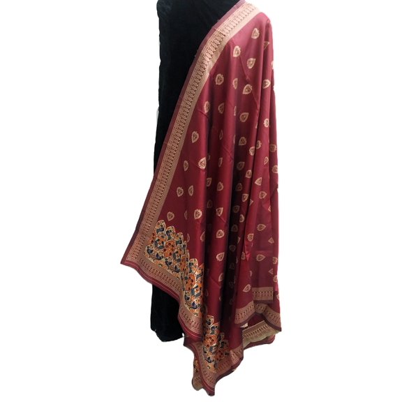 Fabria Women's Maroon Banarasi Silk Blend Woven Dupatta with Traditional Zari Boota and Paithani Style Bird Border Stole,2.3 Mtr
