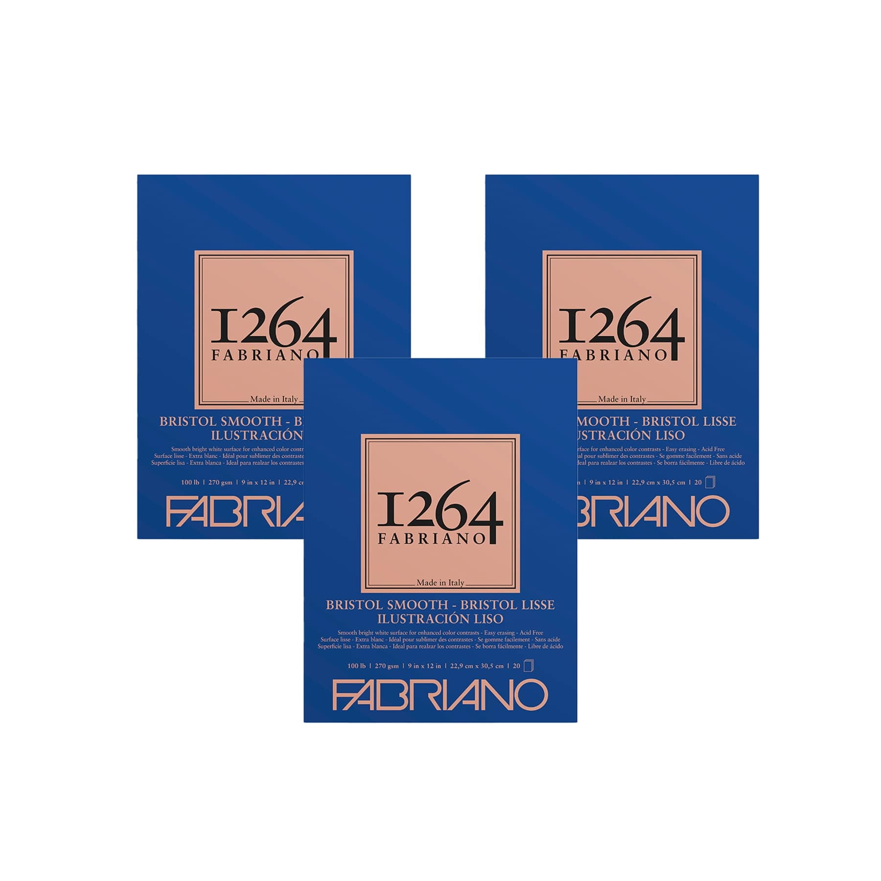 Fabriano 1264 Bristol Pad, Smooth, 9"x12", 100 lb, 20 Sheets, 100% Alpha-Cellulose, Detail & Technical Drawing, Three Pack