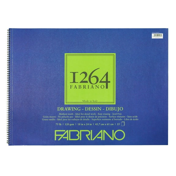 Fabriano 1264 Drawing Pad, 18 inx24 in, 75 lb, 25 Sheets, 100% Alpha-Cellulose, Drawing & Illustration