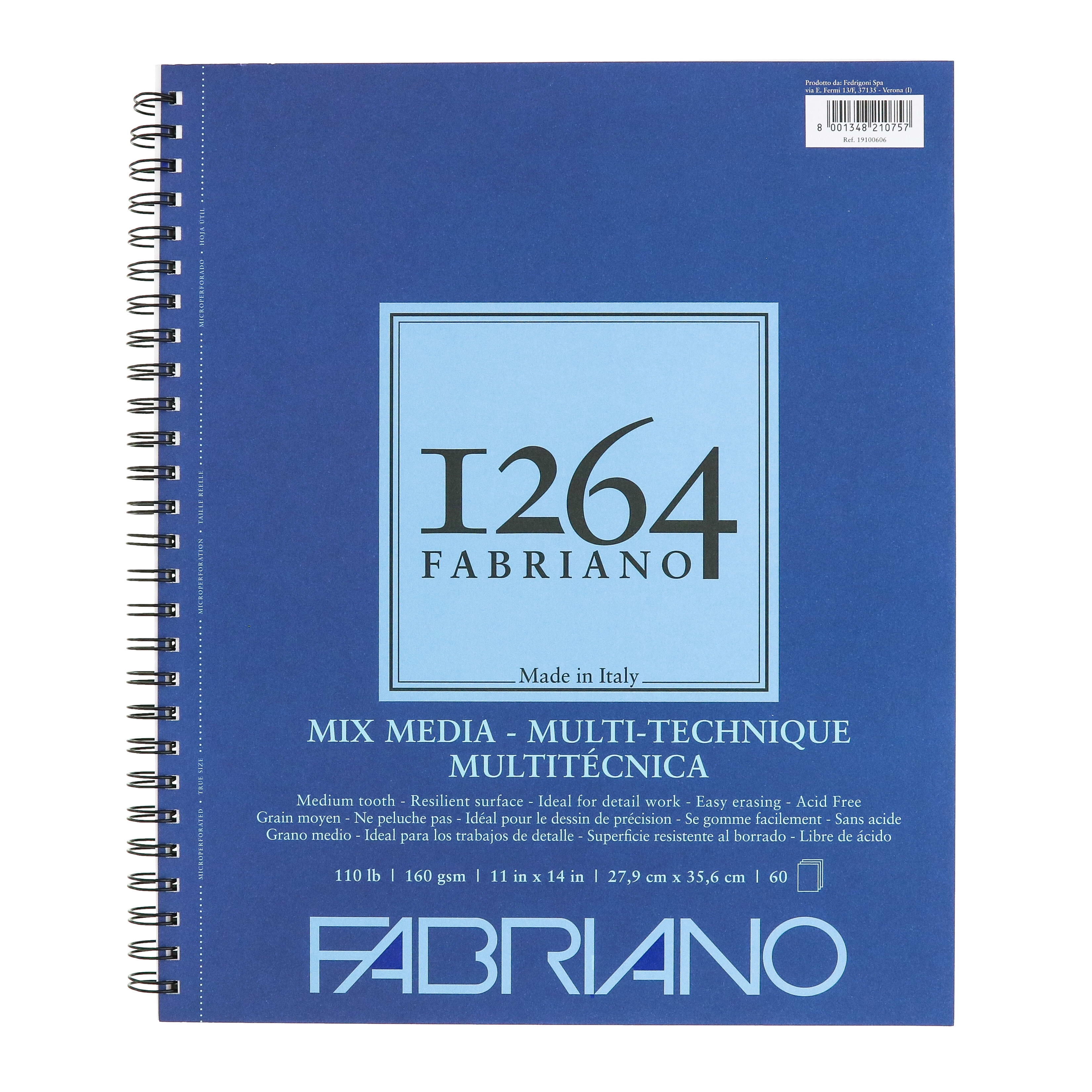 Fabriano 1264 Mixed Media Pad, 11”x14”, 110 lb, 60 Sheets, 100% Alpha-Cellulose, Dry & Wet Mediums