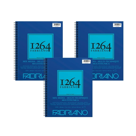 Fabriano 1264 Mixed Media Pad, 9”x12”, 120 lb, 40 Sheets, 100% Alpha-Cellulose, Dry & Wet Mediums, Three Pack