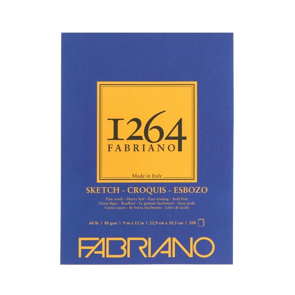 Fabriano 1264 Sketch Pad, Glue Bound, 9”x12”, 60 lb, 100 Sheets, 100% Alpha-Cellulose, Sketching & Drafting