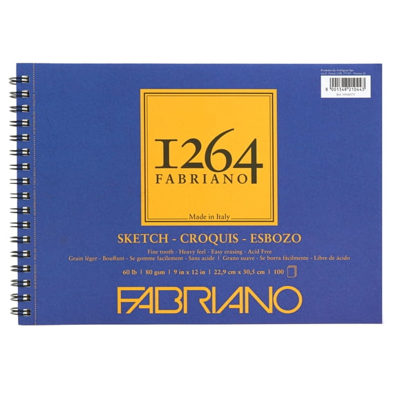 Fabriano 1264 Sketch Pad, Spiral Bound, 12”x9”, 60 lb, 100 Sheets, 100% Alpha-Cellulose, Sketching & Drafting