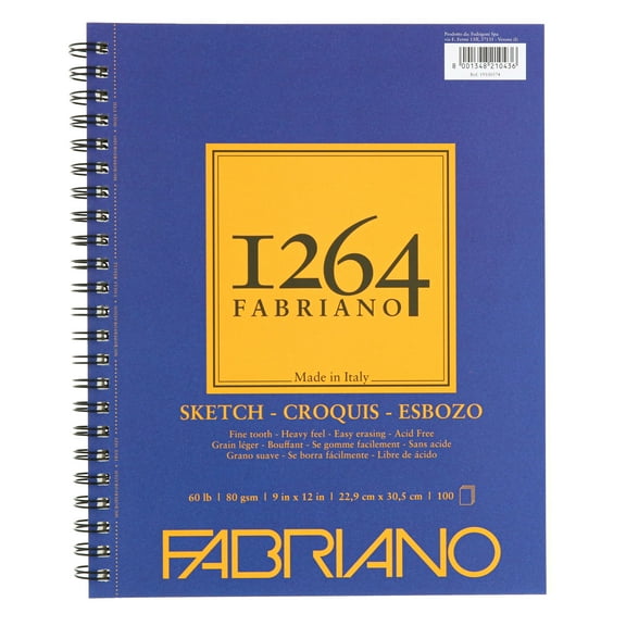 Fabriano 1264 Sketch Pad, Spiral Bound, 9”x12”, 60 lb, 100 Sheets, 100% Alpha-Cellulose, Sketching & Drafting