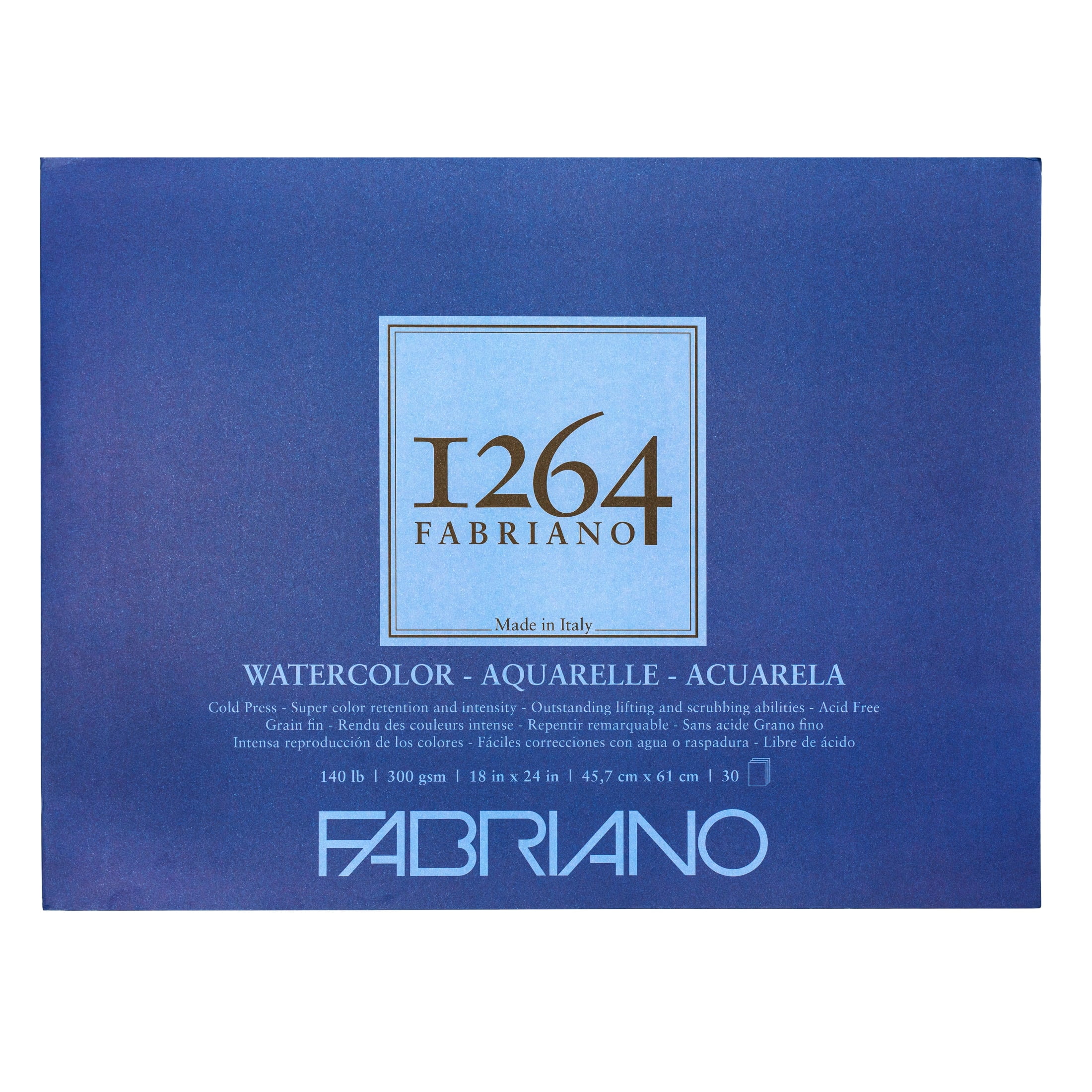 Fabriano 1264 Watercolor Pad, Glue Bound, 18”x24”, 140 lb, 20 Sheets, 100% Alpha-Cellulose, Wet Media