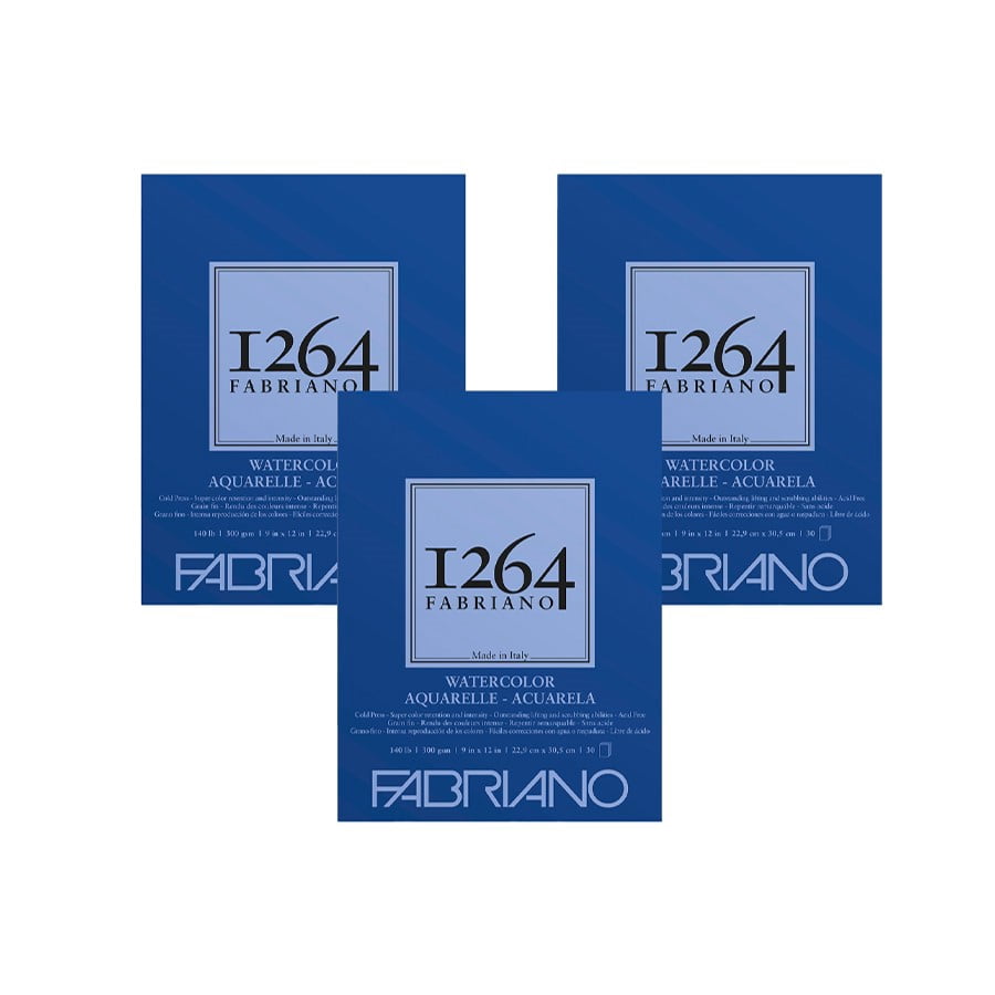 Fabriano 1264 Watercolor Pad, Glue Bound, 9”x12”, 140 lb, 30 Sheets, 100% Alpha-Cellulose, Wet Media, Three Pack
