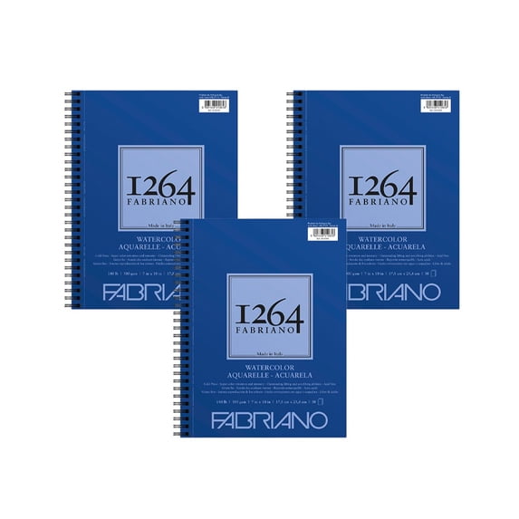 Fabriano 1264 Watercolor Pad, Spiral Bound, 7”x10”, 140 lb, 30 Sheets, 100% Alpha-Cellulose, Wet Media, Three Pack