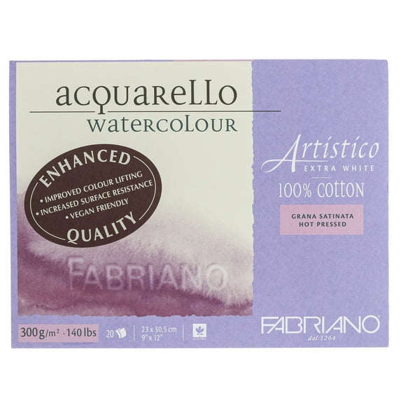 Fabriano Artistico Extra White Watercolor Block, 140 lb./300 gsm, Hot Press, 20 Sheets, 9" x 12"
