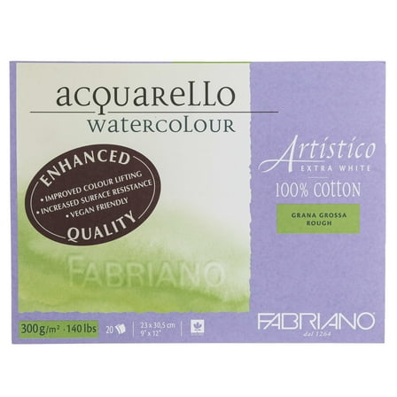 Fabriano Artistico Extra White Watercolor Block, 140 lb./300 gsm, Rough, 20 Sheets, 9" x 12"