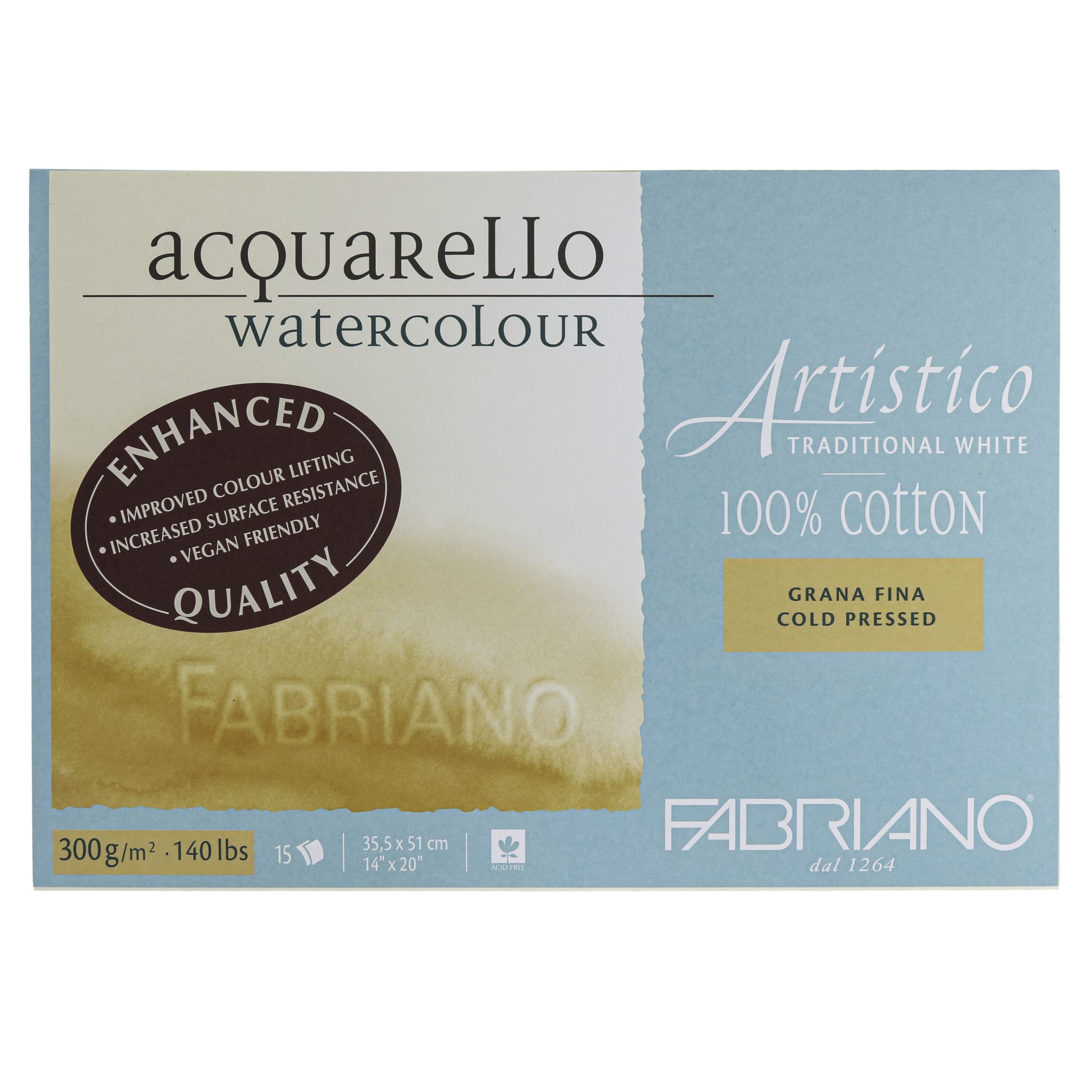 Fabriano Artistico Traditional White Watercolor Block, 140 lb./300 gsm, Cold Press, 15 Sheets, 14 in x 20 in