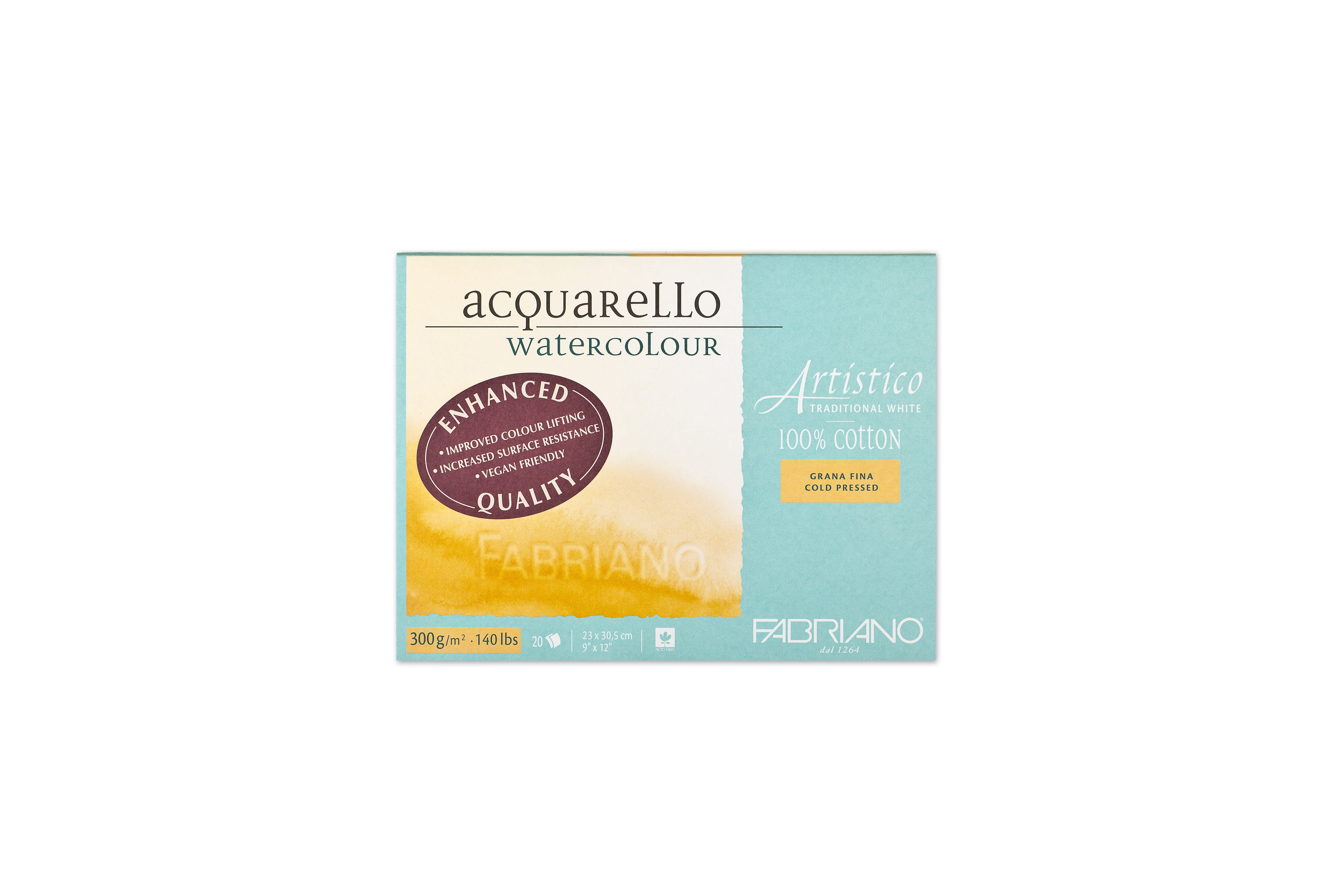 Fabriano Artistico Traditional White Watercolor Block, 140 lb./300 gsm, Cold Press, 20 Sheets, 9" x 12"