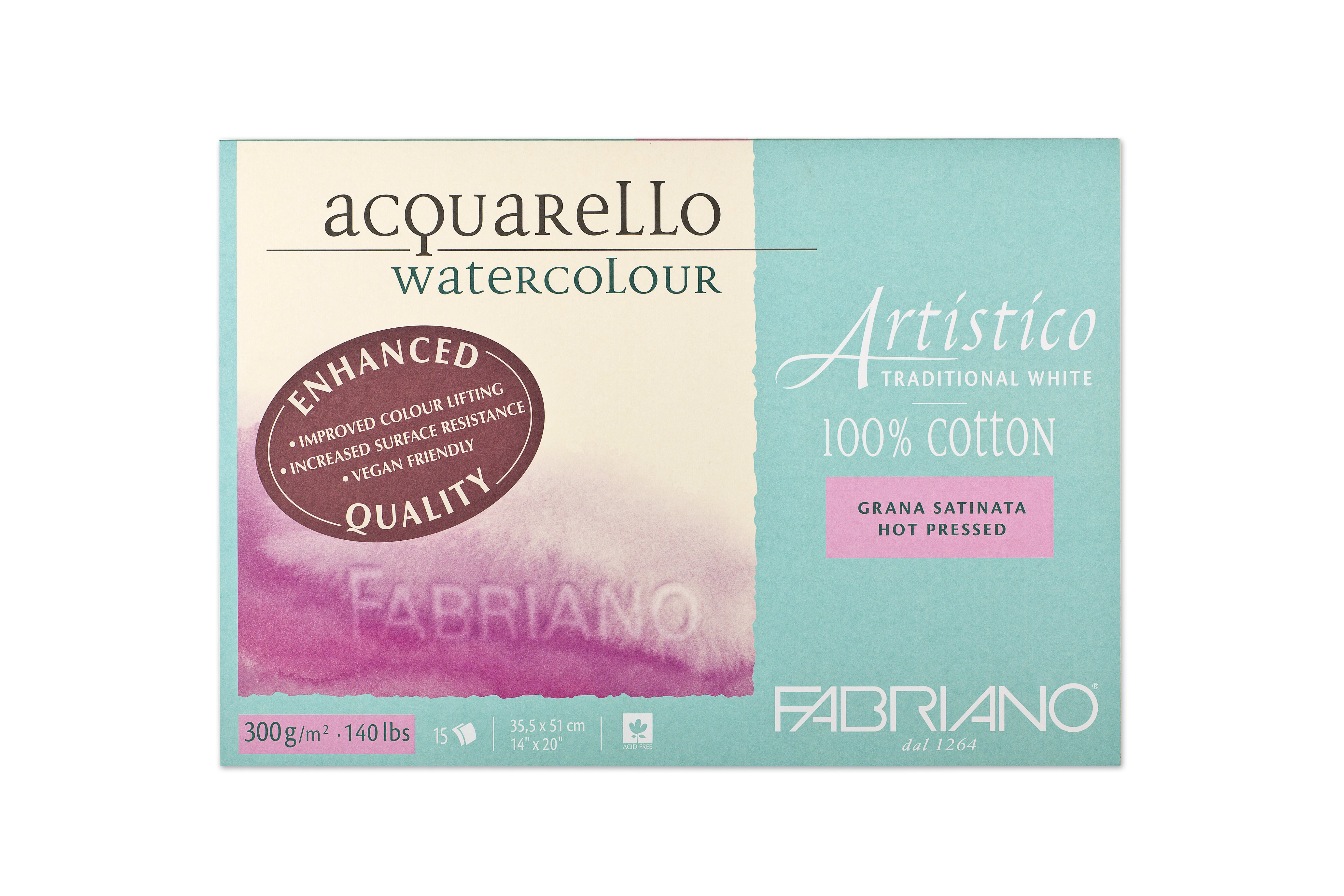 Fabriano Artistico Traditional White Watercolor Block, 140 lb./300 gsm, Hot Press, 15 Sheets, 14" x 20"