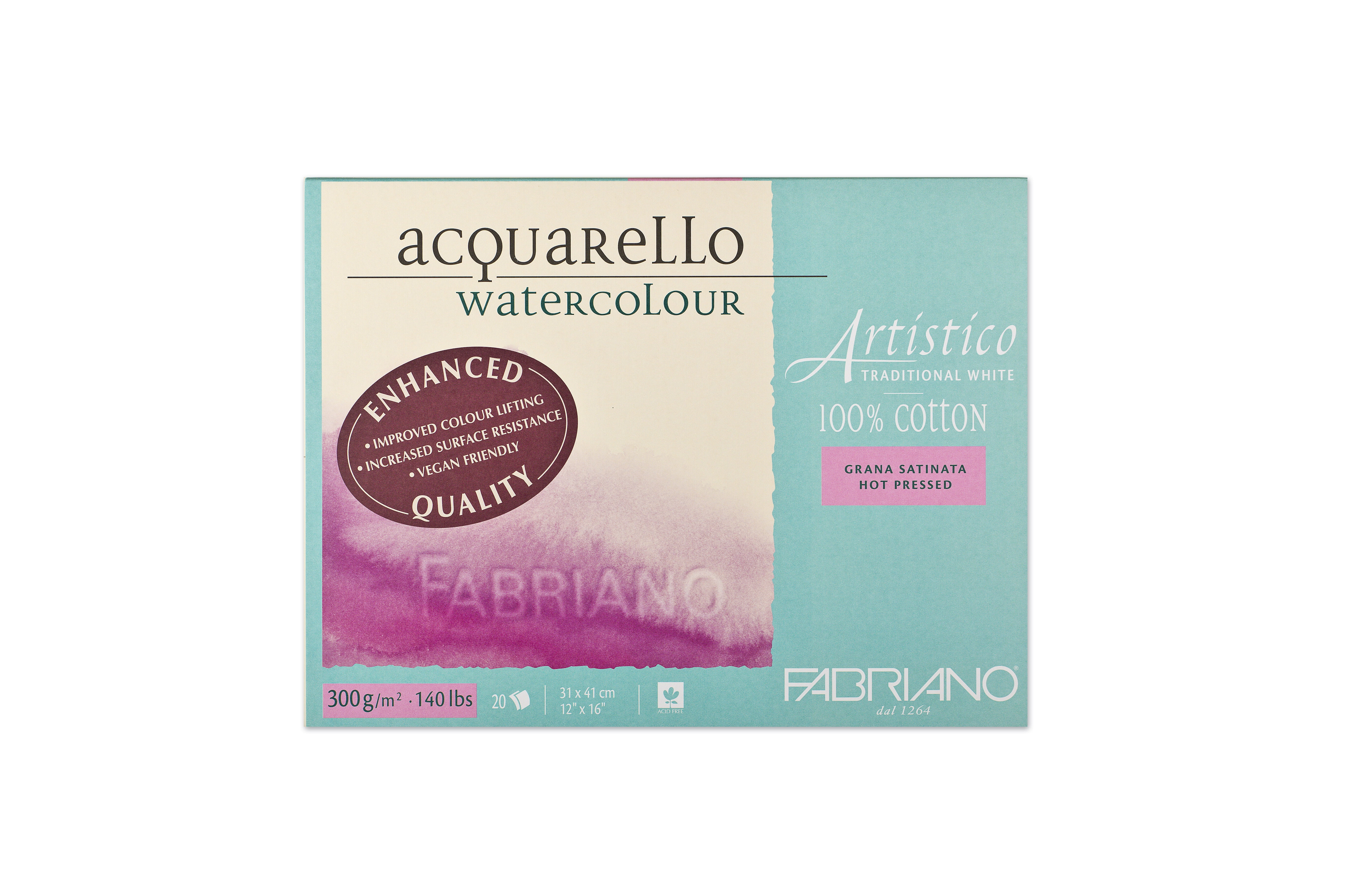 Fabriano Artistico Traditional White Watercolor Block, 140 lb./300 gsm, Hot Press, 20 Sheets, 12" x 16"