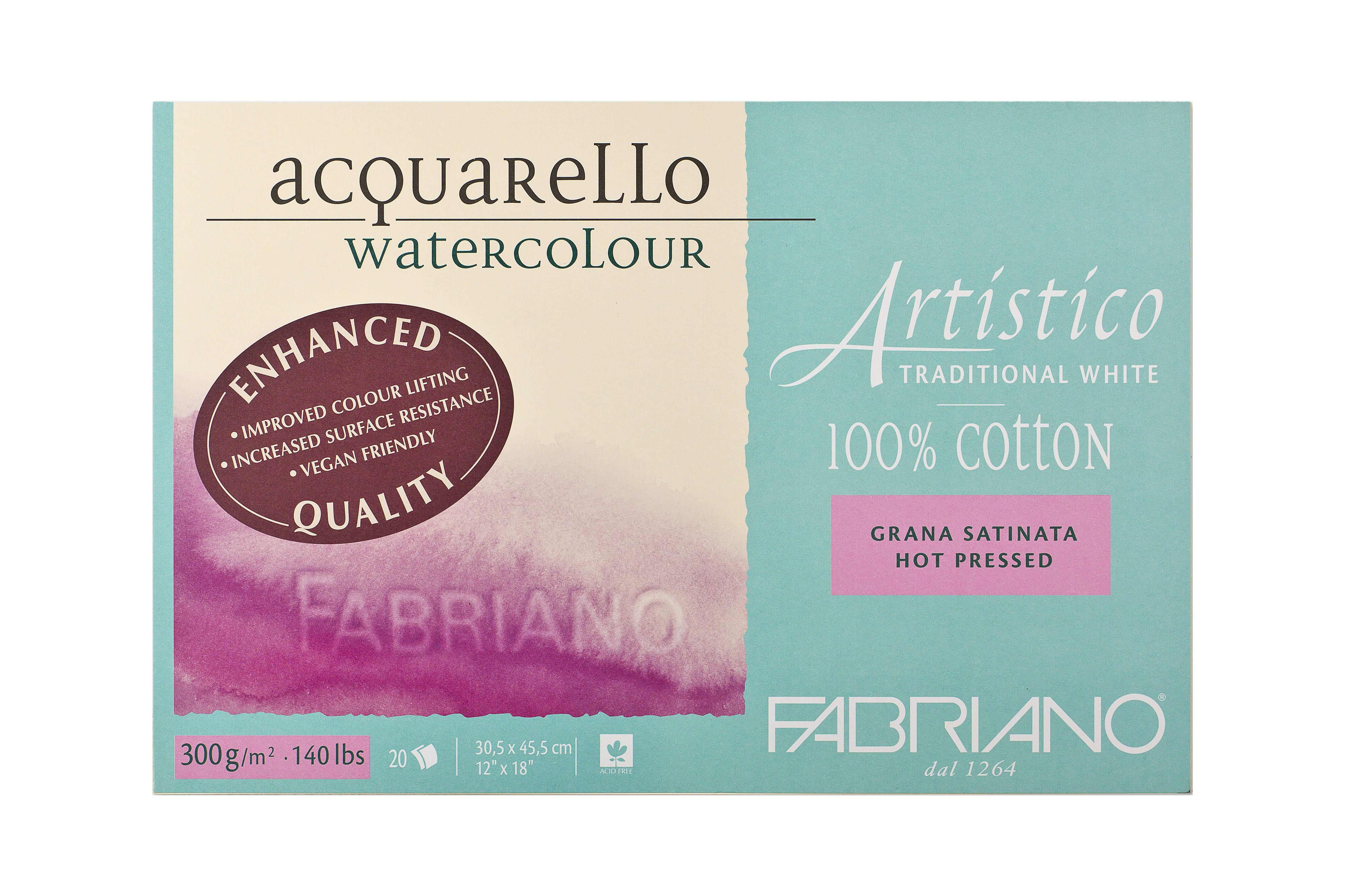 Fabriano Artistico Traditional White Watercolor Block, 140 lb./300 gsm, Hot Press, 20 Sheets, 12" x 18"