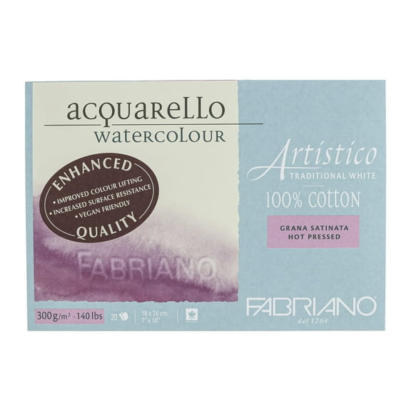 Fabriano Artistico Traditional White Watercolor Block, 140 lb./300 gsm, Hot Press, 20 Sheets, 7" x 10"