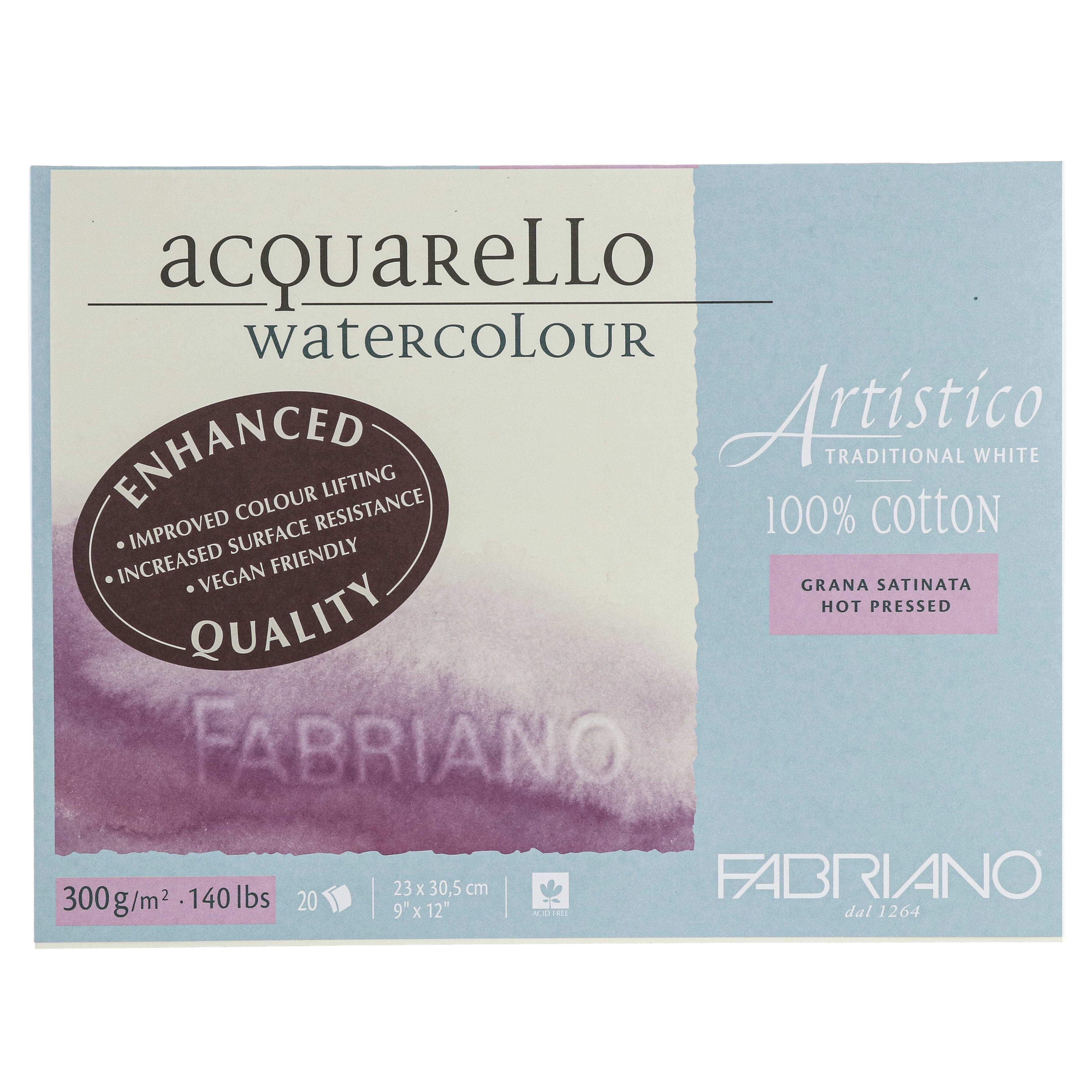 Fabriano Artistico Watercolor Block - 9x12 Vegan Traditional White, 140lb Hot Press (20 Sheets)