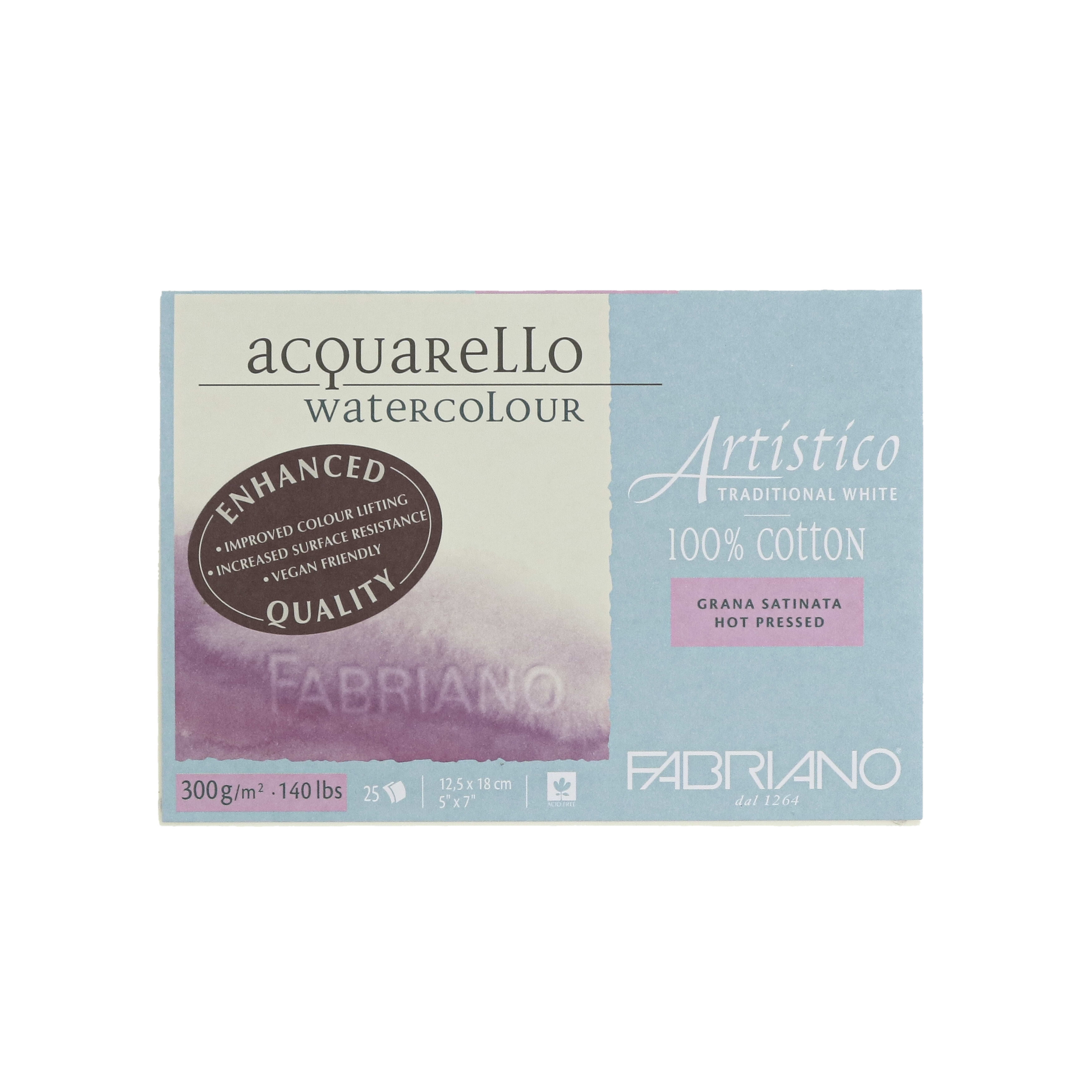Fabriano Artistico Traditional White Watercolor Block, 140 lb./300 gsm, Hot Press, 25 Sheets, 5" x 7"