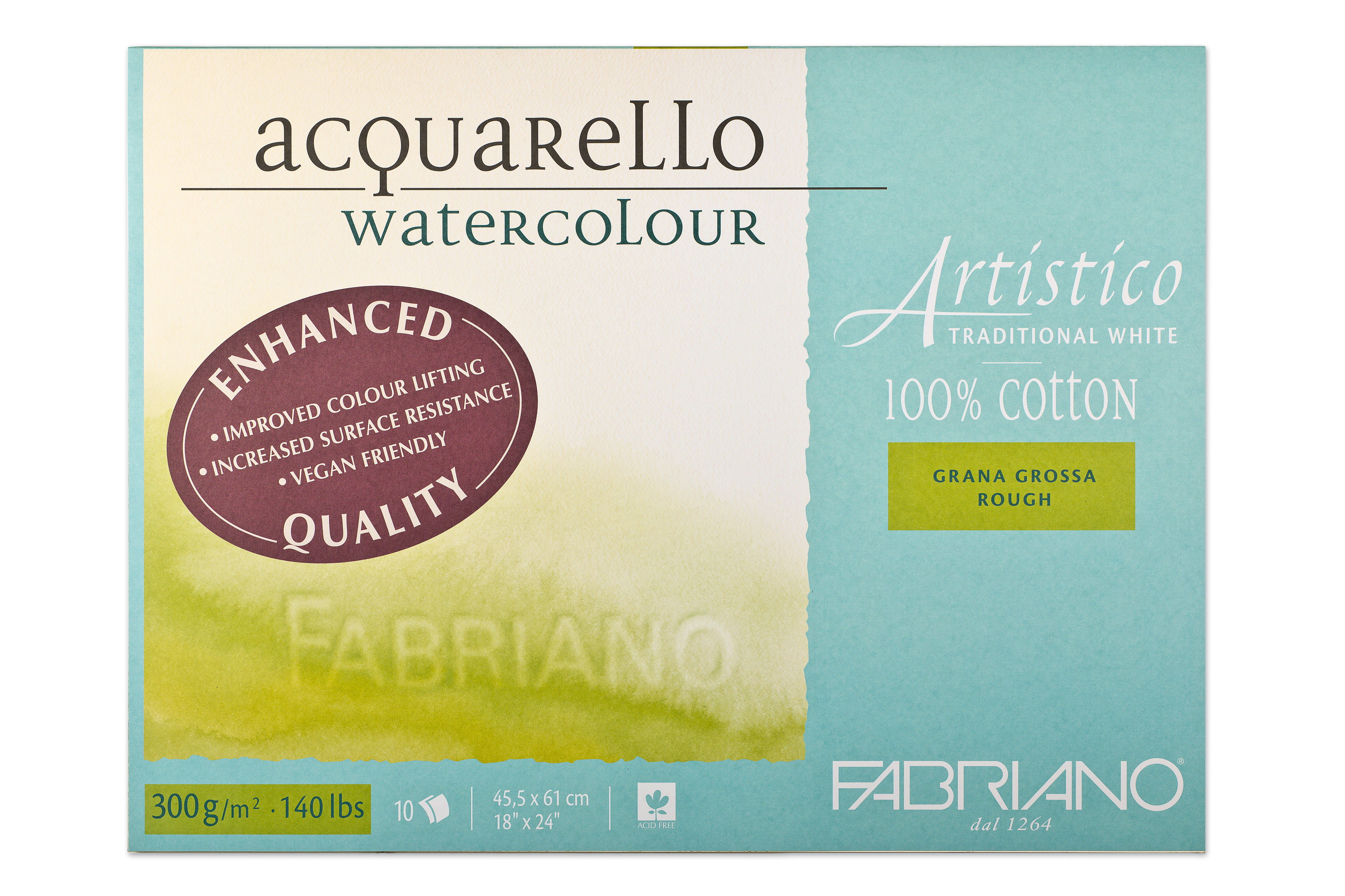 Fabriano Artistico Traditional White Watercolor Block, 140 lb./300 gsm, Rough, 10 Sheets, 18" x 24"