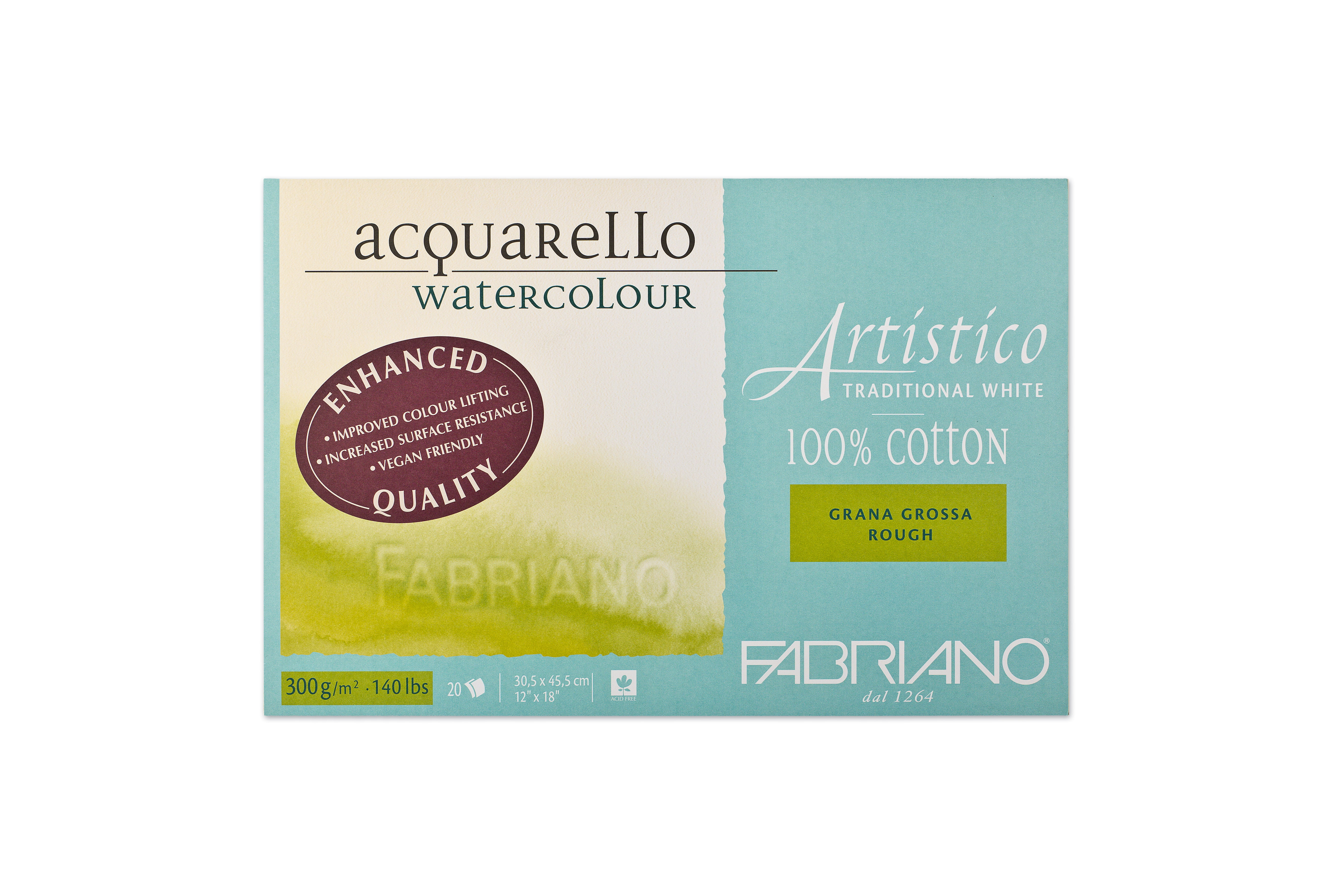 Fabriano Artistico Traditional White Watercolor Block, 140 lb./300 gsm, Rough, 20 Sheets, 12" x 18"
