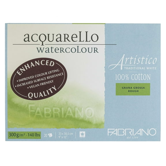 Fabriano Artistico Traditional White Watercolor Block, 140 lb./300 gsm, Rough, 20 Sheets, 9" x 12"