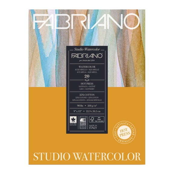 Fabriano Studio Watercolor Pad, Hot-Press, 9in x 12in, 90 lb., 20 Sheets