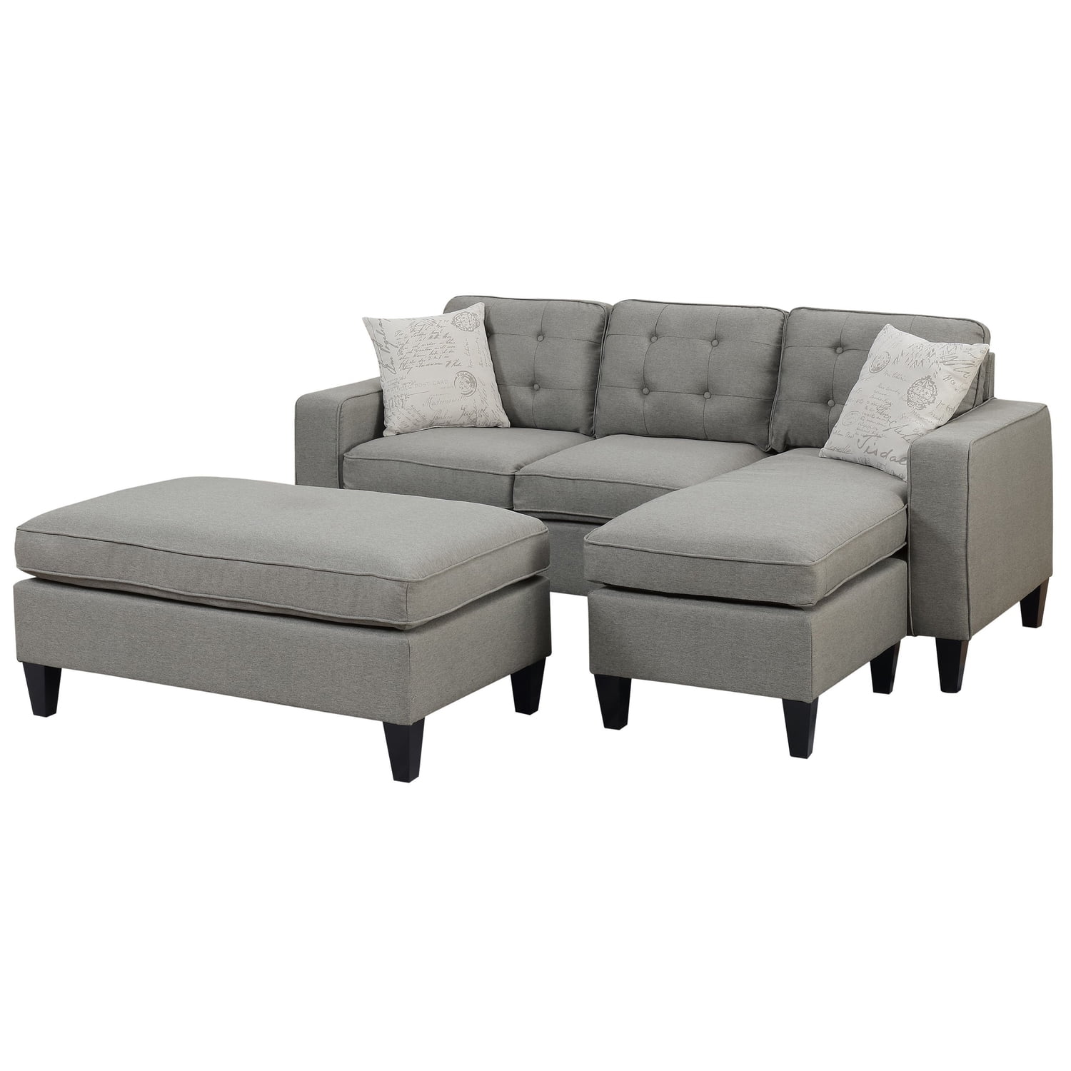 Fabric 3 Piece Sectional Set with Button Tufted Back Gray