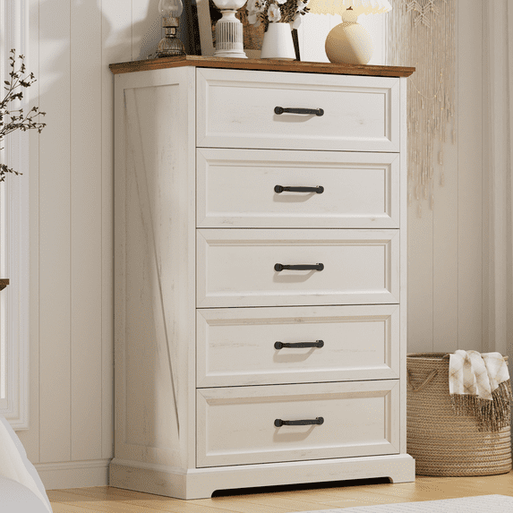 Hommpa Farmhouse White 5 Drawers Tall Dresser for Bedroom, Wood Rustic Chest of Drawers Dresser for Closet, Storage Dresser Organizer for Living Room, Hallway, Entryway, Home