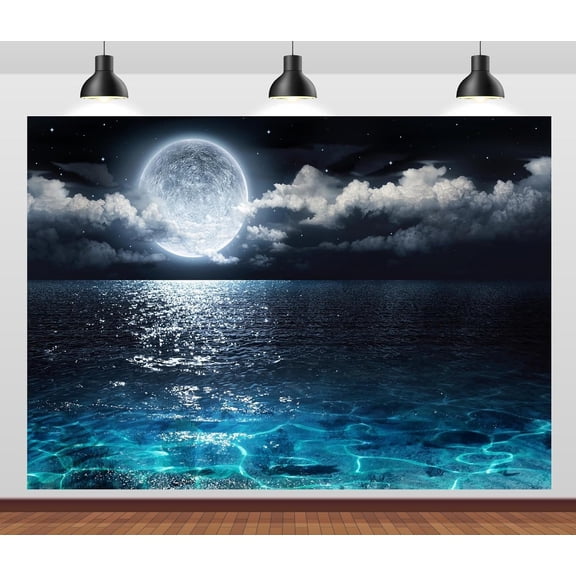 Fabric 7x5ft Moon Night Backdrop Cloudy Sky Sea Full Moonlight Background for Party Decorations Photoshoot Banner