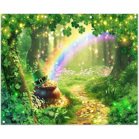 Fabric 8x6ft St. Patrick's Day Photography Backdrop Spring Forest Rainbow Shamrock Gold Coins Background Festival Party Decorations Banner Photo Booth