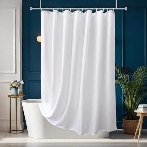 Fabric 96 inch Extra Long Shower Curtain Liner, Durable Bathroom Curtain for Hotel with Hooks, Waterproof, Solid White, 72 Width x 96 Height inch
