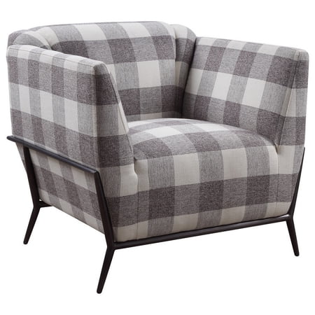 Fabric Accent Chair with Checkered Pattern and Angled Metal Legs Gray
