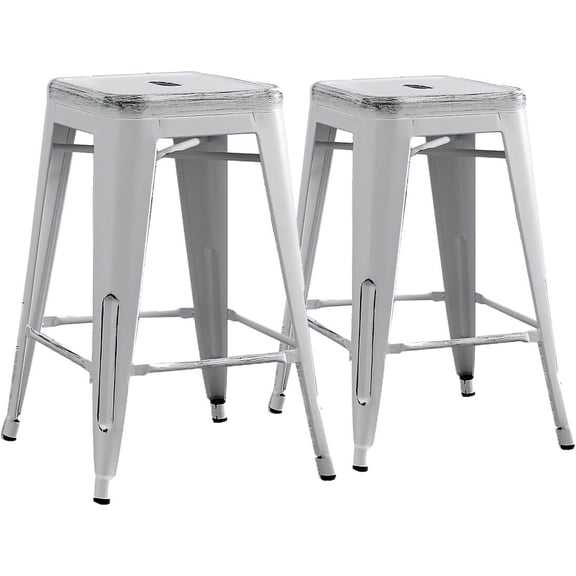 Fabric Accent Chairs, Backless Modern Light Weight Industrial Contemporary Rustic Vintage Costal Metal Bar Stools Without Back and 4 Leg Design (Set of 2) (24" Seat, Distressed White), Accent Chairs
