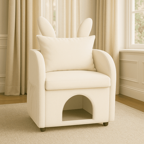 Fabric Accent Chairs, Beige Bunny-Ear Pet-Friendly Armchair with Built-in Cat & Dog Hideaway, Cozy Dual-Use Sofa Chair with Side Pocket, 27.4 x 25.2 x 37.4 inch, Beige Accent Chairs