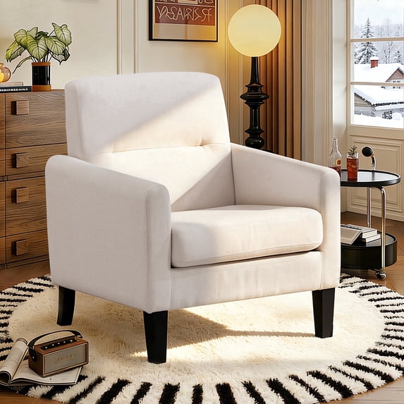Mid Century Modern Accent Chair, Upholstered Fabric Armchair with Thick Cushion and Solid Wood Frame, Comfy Reading Chair for Living Room Bedroom Apartment Office (Beige)