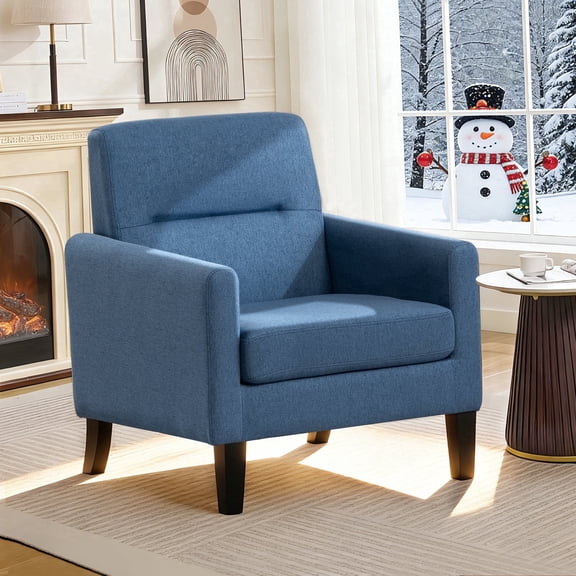 Mid Century Modern Accent Chair Set of 2, Upholstered Fabric Armchair with Thick Cushion and Solid Wood Frame, Comfy Reading Chair for Living Room Bedroom Apartment Office (Blue)