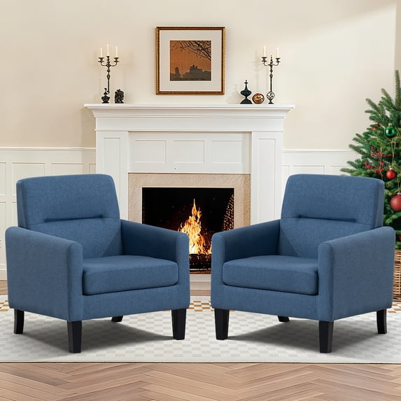 Fabric Accent Chair Set of 2, Mid Century Modern Living Room Chairs,Comfy Reading Chair with Upholstered Cushion Relax Armchair for Bedroom Apartment,Office(Blue)