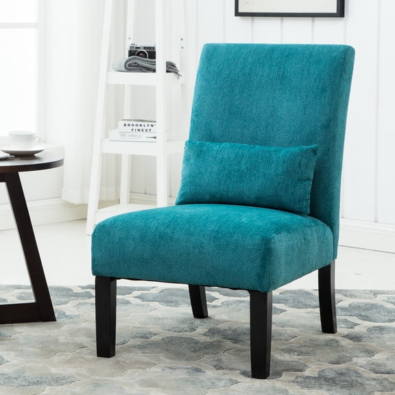 Fabric Accent Chairs, Pisano Contemporary Chenille Fabric Armless Accent Chair with Pillow, Teal Blue, Teal Blue Accent Chairs,Polyester Modern Accent Chairs