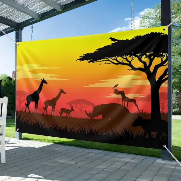 Fabric African Safari Backdrop Tropical Jungle Animals Giraffe, Rhino, Elephant Savannah Sunset Background for Safari Theme Birthday Party Decorations Kids Adults Photo Props