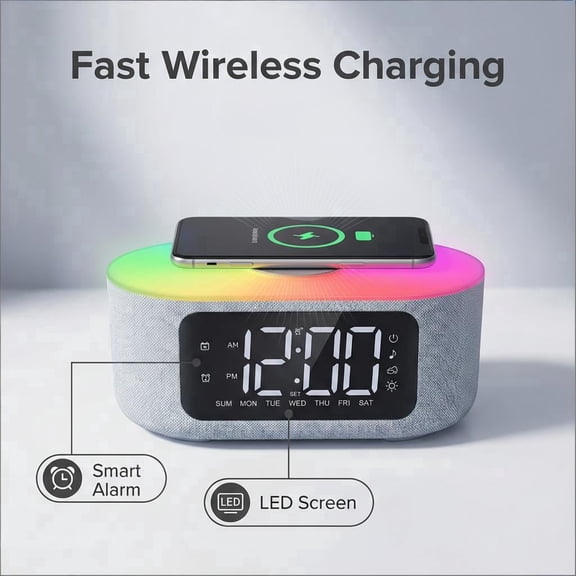 Wireless Charging Alarm Clock for Bedroom, with Big Led Screen Display, Bluetooth Stereo Sound Speaker, FM Radio, Fast Wireless Charging, USB Charging Port, Nightlight, White Noise